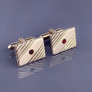 Simple Red Rhinestone Gold Tone Cufflinks Diagonal Lines Mid Century Swank VTG